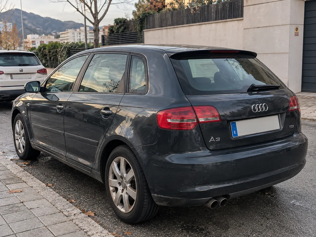 Audi A3 gris visto desde atrás